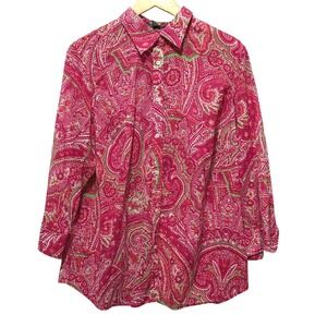 Lauren Ralph Lauren Women‎ Button Top 1X Pink Paisley Cotton Boho Preppy Coastal